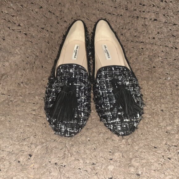 KARL LAGERFELD-Paris-Tilda 2-Black White Wool Tweed Tassel Flat-Sz 8.5-Near Mint - Picture 3 of 7